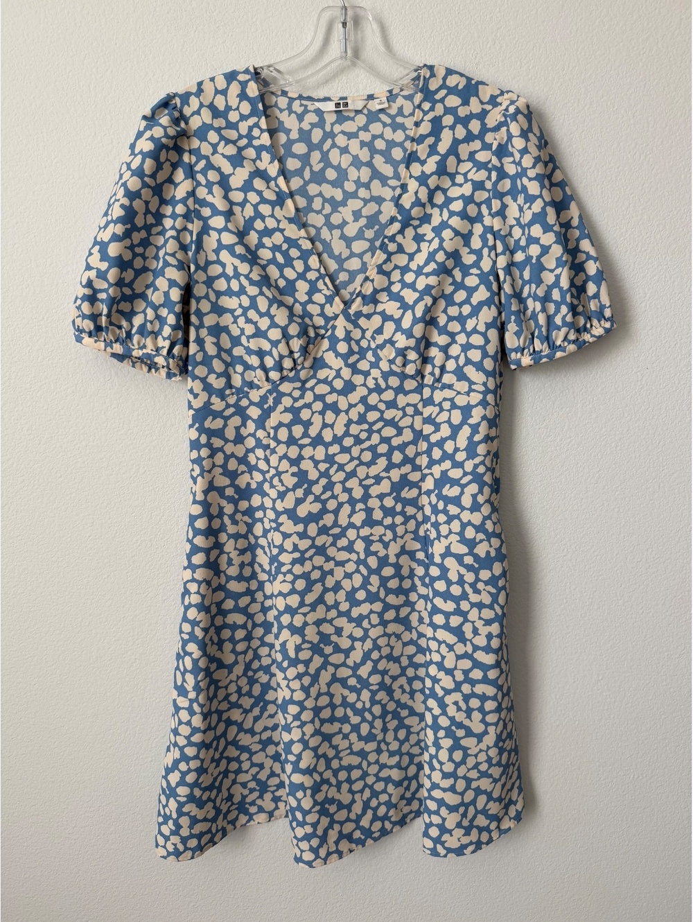 Uniqlo Blue/Cream Abstract Short Puff Sleeve V-Neck Mini Dress Women's Size S